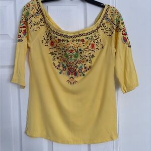 Boston Proper Yellow Embroidered Off-the-Shoulder Top
